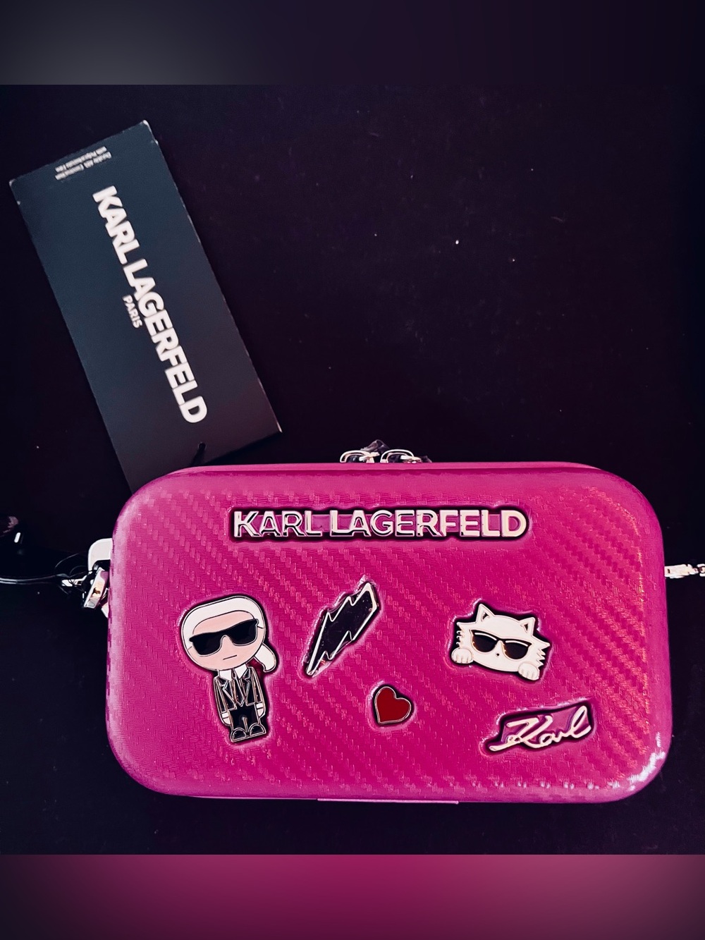 NWT Karl Lagerfeld Paris Maybelle Suitcase Handbag Crossbody in Retro Fushia